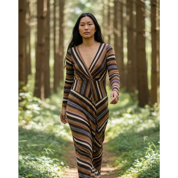 Anthropologie Dresses & Skirts - Maeve Anthropologie Dress Womens Medium Brown Striped Maxi Long Sleeve Boho